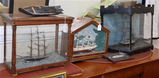 Three 19th/20th century cased model boats, model rowing boat and a silk painting